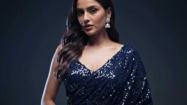 Elegant indian model in navy sequin saree posing confidently in studio