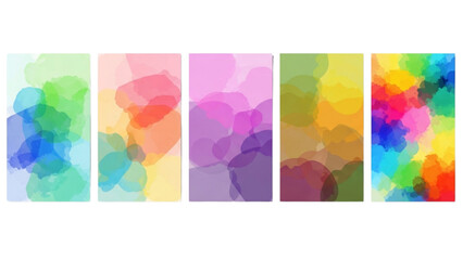 Vibrant abstract panels showcasing colorful shapes in a collage, displayed side by side with varied hues and textures on a clean background from a frontal viewpoint