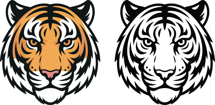 Orange and black tiger head portrait vector illustration set, fierce wild animal predator icons for jungle wildlife design