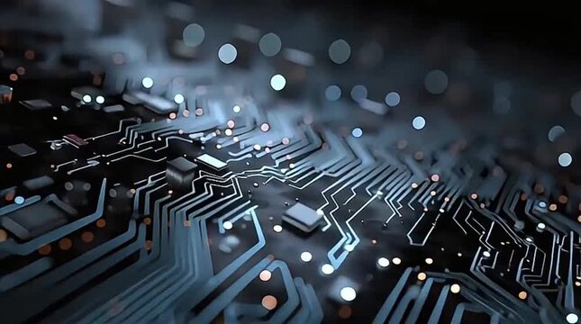 Close-up view of glowing traces and components on a digital circuit board