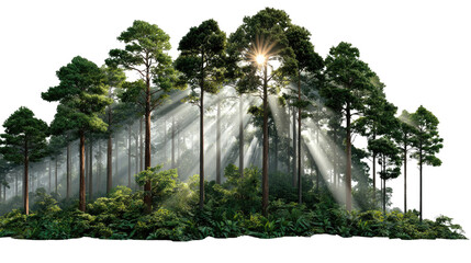 Luminous Forest Embrace: A breathtaking view of sunlight penetrating a lush green forest, illuminating towering trees and creating an enchanting atmosphere.