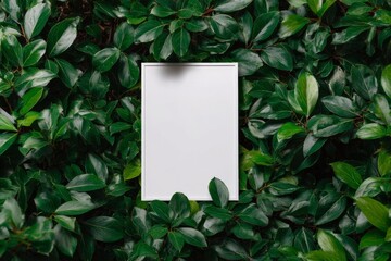 Blank vertical paper mockup framed by dark green foliage background