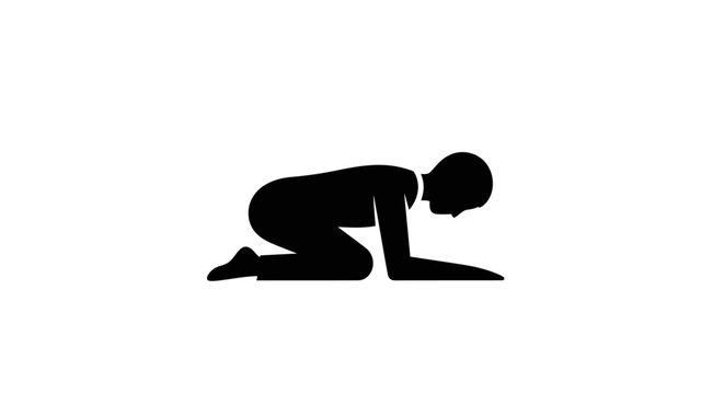 A black silhouette icon of a person in a prostrate or bowing position on a white background