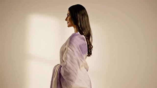 Indian woman model wearing flowing elegant saree posing profile studio lighting