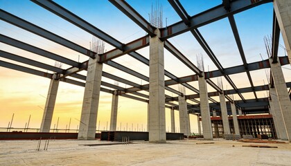 Obraz premium Architectural Framework: The modern architectural design features a striking structure of steel beams and concrete pillars.