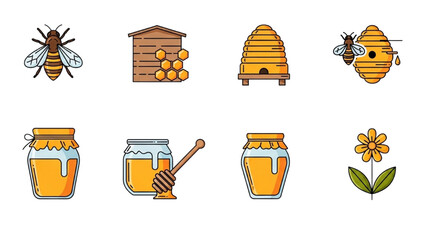 Bees gather nectar from flowers near beehives and honey jars in a sunny landscape illustration © Stock Image Paradise