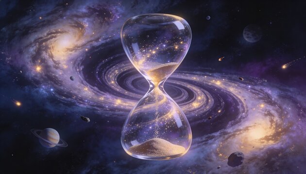Cosmic Hourglass: A breathtaking cosmic panorama with an hourglass at its center, where time converges with the infinite expanse of the universe.