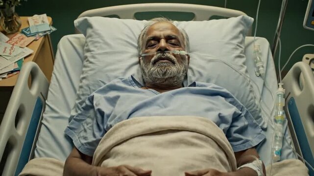 Elderly bearded man lying in hospital bed with calm expression surrounded by medical equipment in a serene healthcare setting, soft lighting, and a realistic photographic style.