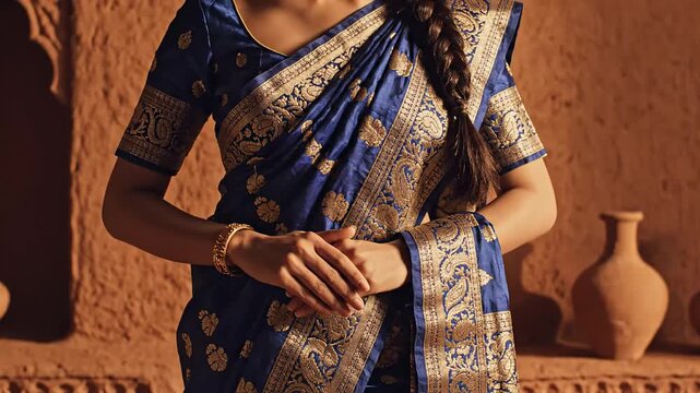 Traditional indian saree model close up wearing blue brocade fashion apparel