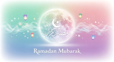 Ramadan mubarak celebration design with moon and lanterns