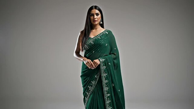 Indian model in dark green saree posing studio fashion editorial shot