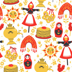 Seamless pattern with Maslenitsa celebration elements. Vector graphics.