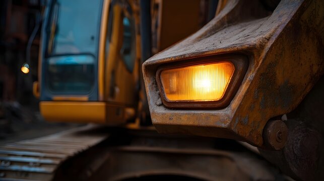 Detailed close up of a powerful yellow construction excavator its warm amber headlight glowing brightly highlighting the heavy hinery s rugged