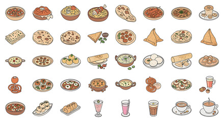 Assorted culinary delights and beverages illustrated in a grid layout on a clean background