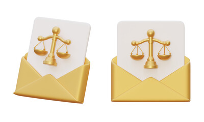 3D rendered legal notice envelope with justice scales icon isolated