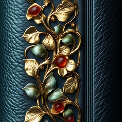 Ornate gold floral embellishment on deep teal leather