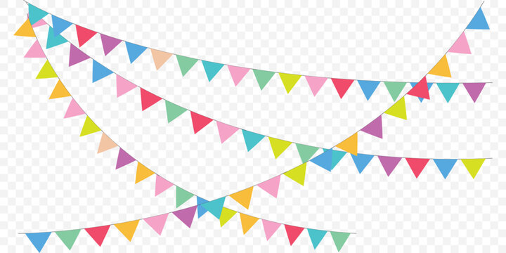 Festive flag garlands vector illustration. Triangle buntings in simple flat style, isolated on transparent background. Carnival, birthday, circus, anniversary party design decoration. EPS 10. 