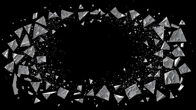 sedition. Shattered frame border with fragments dispersing on dark background, breaking constraints concept. wellbeing guides.