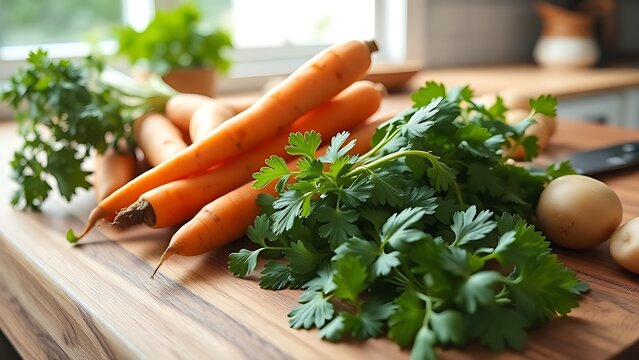 lovage. Fresh lovage herb arranged with carrots and potatoes on a wooden cutting board. menu design, packaging mockups, designed for food delivery and cloud-kitchen brand materials.