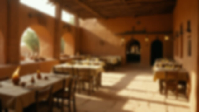 Blurred background of Ancient Indus Valley civilization themed restaurant with raw clay brick walls, terracotta pottery displays, stone-carved tables and oil lamps in niches, archaeological courtyard.