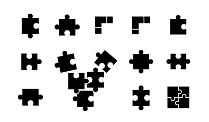 Naklejka premium Puzzle pieces glyph icon set vector jigsaw problem solving symbols isolated on transparent background