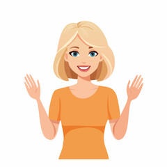 Cheerful blonde woman with open hands expressing welcome or positive surprise, a friendly gesture