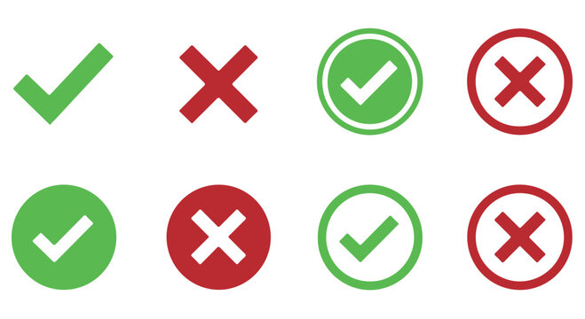 Collection of green checkmark and red cross icons on Transparent Background for approval and rejection concepts.