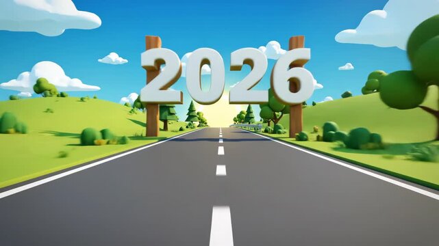 Cartoon style road leading toward year designation in bright landscape