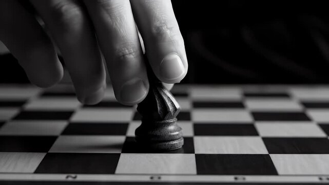Monochrome Chess Game Strategy A Hand Moves a Chess Piece on a Board in Black and White Tone