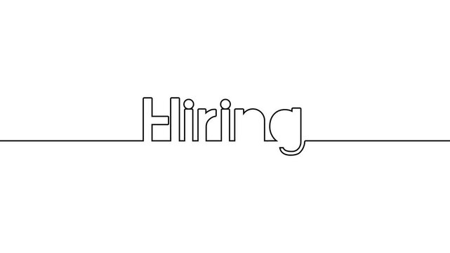 hiring text one line art animated continuous single line drawing of handwritten typography intro animation video, hiring now title on black white background