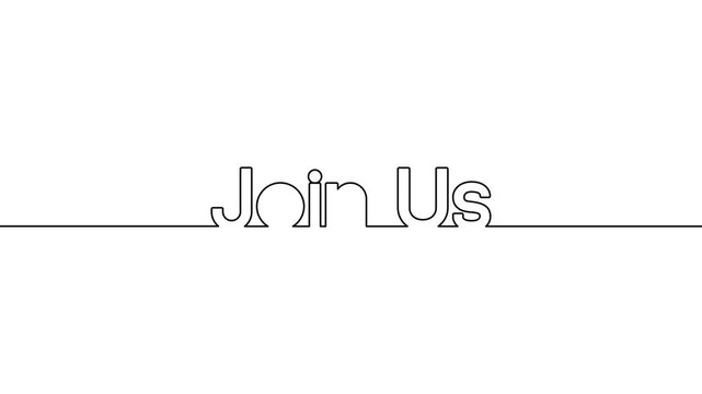 join us text one line art animated continuous single line drawing of handwritten typography intro animation video, now join here title on black white background
