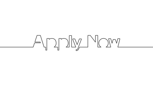 apply now text one line art animated continuous single line drawing of handwritten typography intro animation video, now apply title on black white background