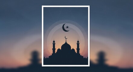 Obraz premium Silhouette of mosque with crescent moon and star within a white frame, set against sunset hues