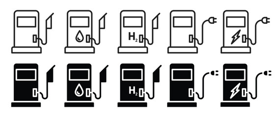 Fuel gas charging station icon set, fuel station vector symbols in black filled and outlined style