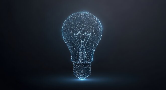3D light bulb innovation concept with digital network glowing blue futuristic technology idea creativity brainstorming