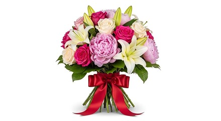 Happy birthday flowers gift arrangement roses lilies peony isolated