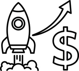 Fototapeta premium Rocket launch with dollar sign and upward arrow representing financial growth and startup success
