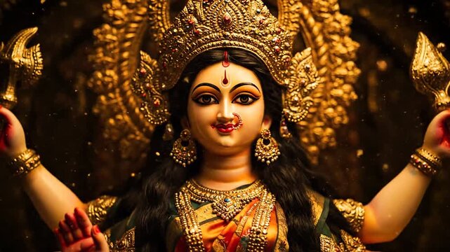 Magnificent Hindu Goddess Durga idol adorned with gold ornaments