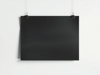 A sleek blackboard hanging on a pristine white wall with two metal clips