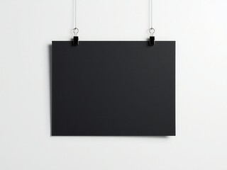 Fototapeta premium A sleek blackboard hanging on a white wall with two silver hangers.