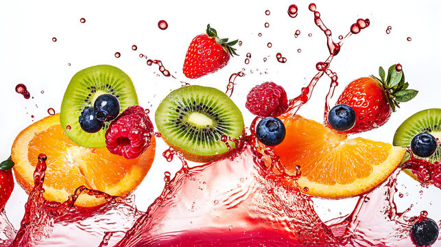 Fresh fruit splash with strawberry kiwi orange and blueberry exploding in juice healthy food and vitamin drink concept for white background advertisement packaging and menu design material

