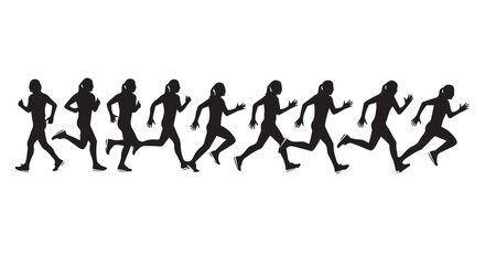 Obraz premium Silhouettes of diverse runners in motion, showcasing dynamic movement and energy on a clean Transparent Background.