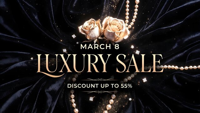 Up to 55 Percent Off. Luxury International Women's Day Sale Banner with Gold Jewelry Pendants, Cream Roses and Pearls on Black Velvet Background