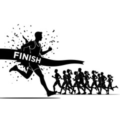 Fototapeta premium Runner Breaks Finish Line Tape With Confetti, Group Running Behind