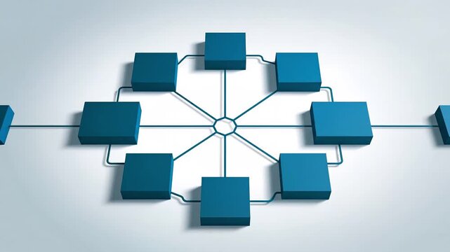 Blue three-dimensional blocks radiate from a central hub, illustrating network topology, distributed nodes, data connectivity and blockchain concepts for technology, IT infrastructure, cloud services 