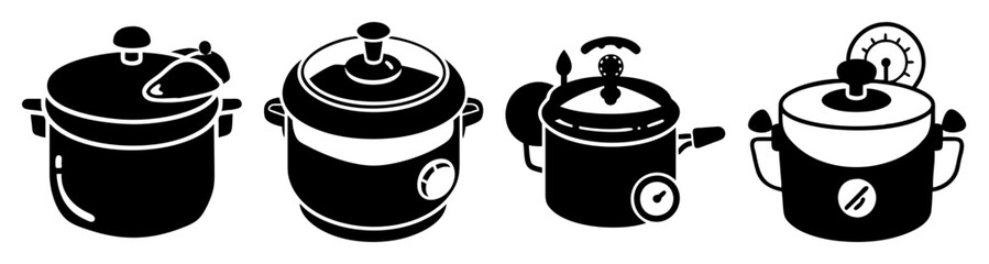 Obraz premium Set of four black pressure cookers with safety valves and timers kitchen cooking appliances vector illustration