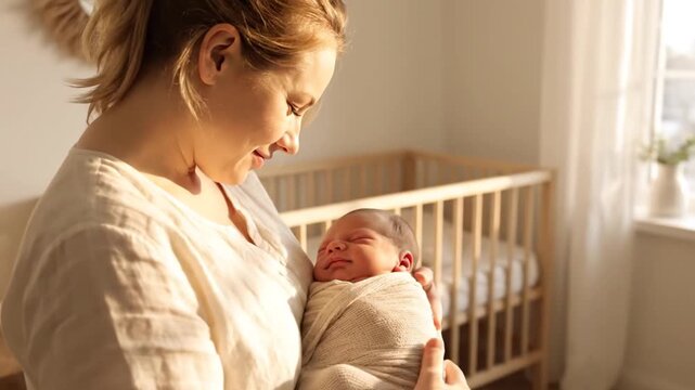 A mother holds her swaddled newborn baby in a bright nursery for marketing campaigns.