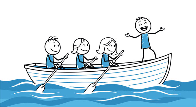 Cartoon people rowing a boat together on calm blue waters, teamwork and leisure activity, simple doodle style illustration.