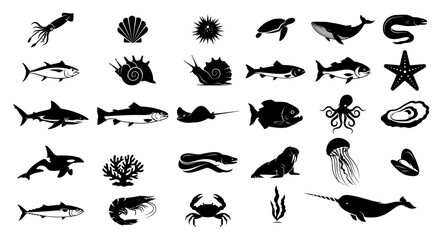 Marine life silhouettes collection, sea animals and ocean creatures set, underwater fauna vector icons, fish whale shark octopus and shell illustrations © Luka