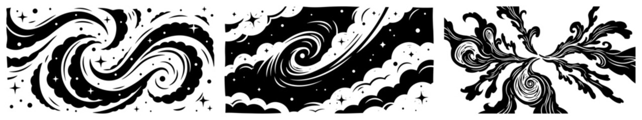 Abstract cosmic swirl and galaxy wave patterns set, celestial nebula and star clouds vector illustrations, space energy motion graphics for background © Luka